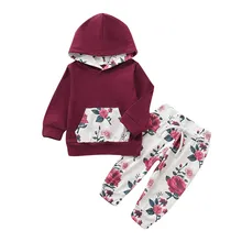 2 предмета, спортивный комплект для новорожденных, толстовки с капюшоном топы с длинными рукавами и цветочным принтом, длинные штаны, комплект одежды для маленьких девочек, костюм для активного отдыха, комплект для малышей