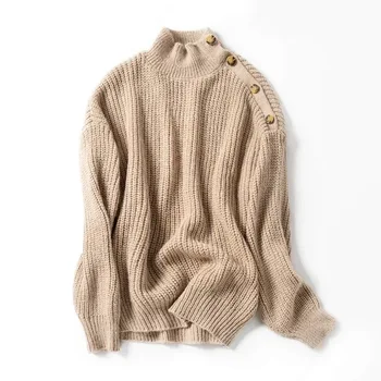 

Women Sweater Fall Winter New Shoulder Buckle Thick Pin Loose Lazy Fan Pullover Sweater