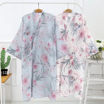 

Japanese kimono Bath Robe Sleepwear Blue White Printed Cotton Gauze Loose Plus Size Robes For Women Nightgown
