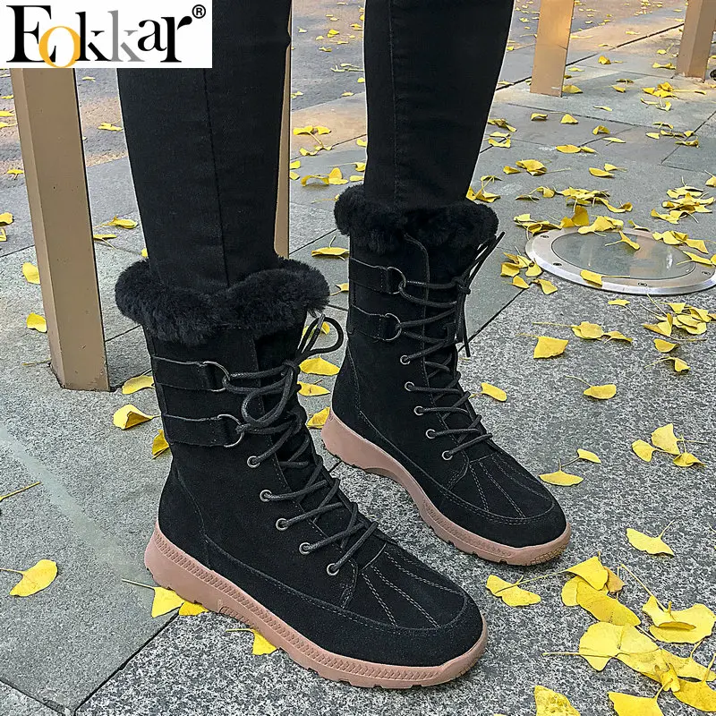 Eokkar/ г. Женские ботильоны зимние ботинки из коровьей замши на шнуровке теплые зимние ботинки на танкетке, Универсальные женские ботильоны размер 34-39