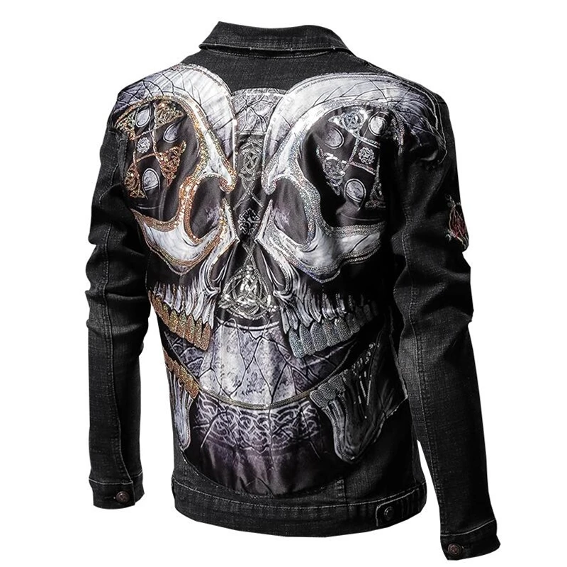 

Denim jacket men's street trend jacket skull embroidery printing personality handsome hip-hop slim denim jacket men