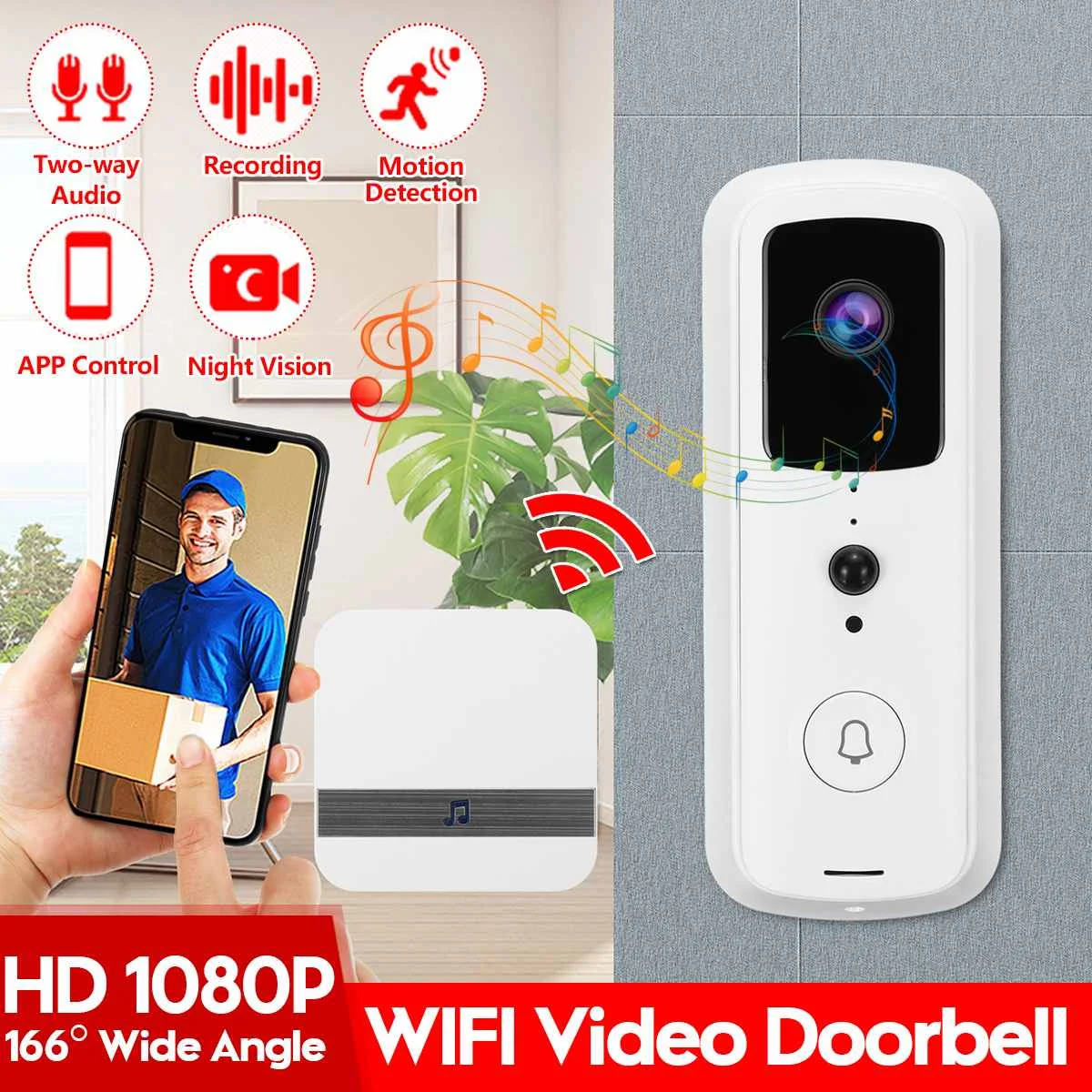 Timbre de puerta inteligente con WIFI, videoportero inalámbrico, 1080P, HD, timbre de puerta IP, cámara de seguridad, alarma, visión nocturna IR