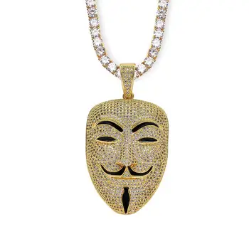 

American Movie V For Vendetta Character Mask Head Zircon Pendant Necklace Men Iced Out Pendant Gold Hip Hop Jewelry Rock