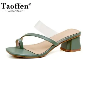 

Taoffen Summer Genuine Leather Shoes Women Sandals Shoes Mid Thick Heels Shoes Transparent Slip On Lady Shoes Size 33-40