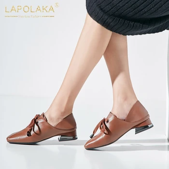

Lapolaka 2020 New Fashion Large Size 43 Cow Leather Lace Up Leisure Shoes Woman Pumps Chunky Heels Black Pumps Women Shoes