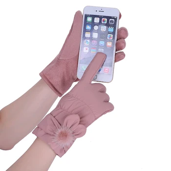 

Lovely bunny hair ball decoration simple solid color gloves plus velvet thickening outdoor riding warm gloves D67A