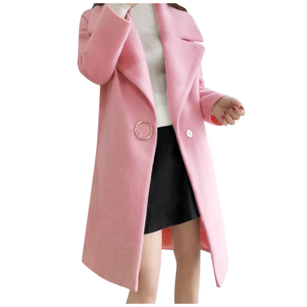 SAGACE женское модное повседневное шерстяное пальто средней длины с длинным рукавом однотонное женское осенне-зимнее шерстяное пальто Свободное пальто - Цвет: Розовый