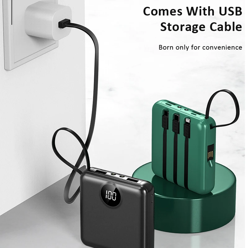 Mini Power Bank Portable Charger Digital Display 20000mAh External Battery Built in 4 Cables Powerbank Dual LED Light Powerbank