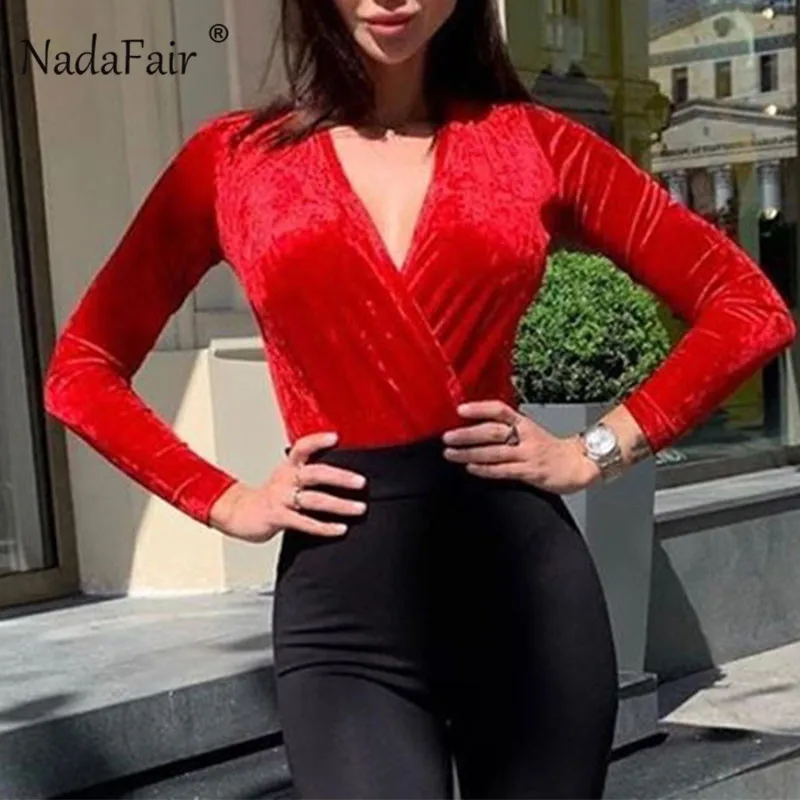 Nadafair боди с v-образным вырезом и длинным рукавом, женские бархатные сексуальные боди для женщин, Одноцветный Зимний боди, цельный женский боди