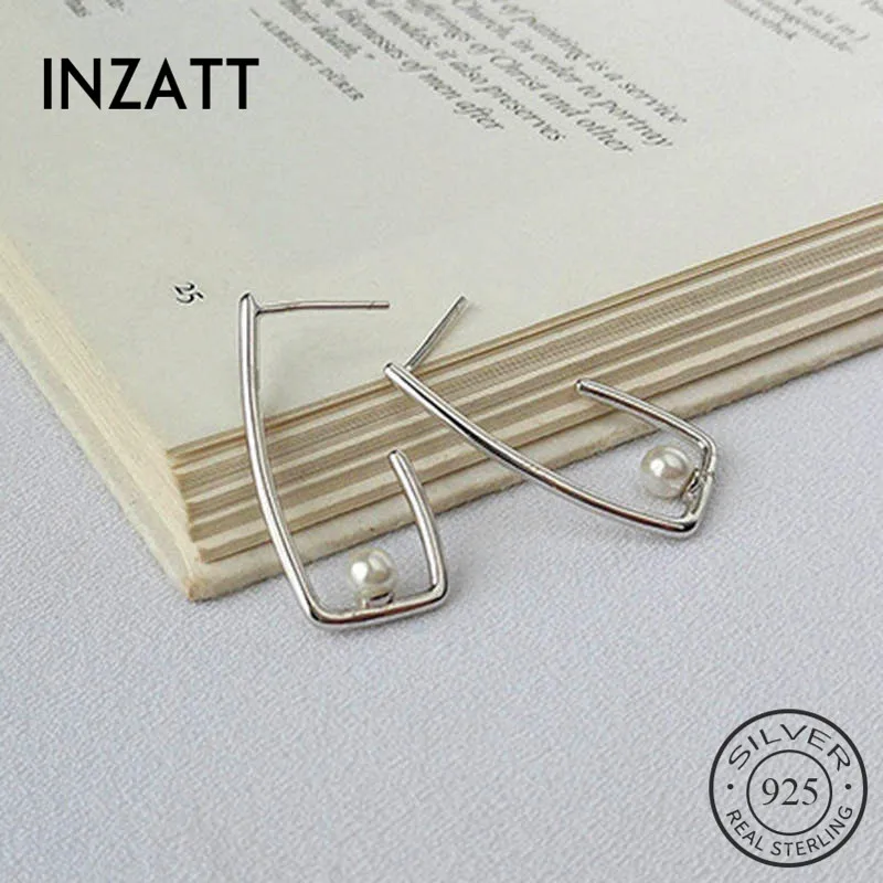 INZATT Настоящее серебро 925 проба геометрические жемчужные серьги-кольца для