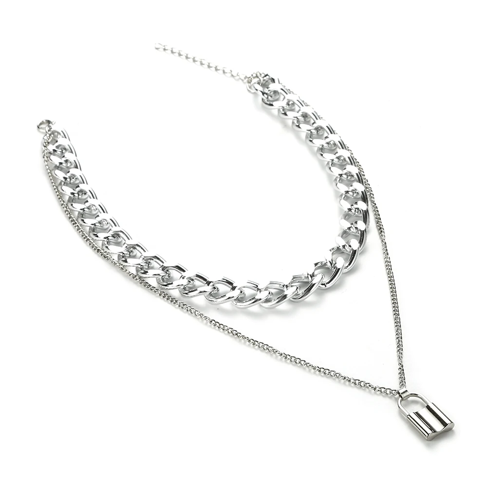 Двухслойная цепочка с замком ожерелье готический гранж серебряный металлический замок кулон ожерелье для женщин и мужчин модные готические ювелирные изделия