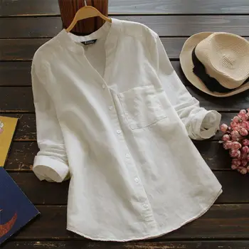 

Women's Casual Blouse ZANZEA 2020 Spring Kaftan Linen Shirts Long Sleeve Tops Female Button Blusas Solid Plus Size Tunic 5XL 7