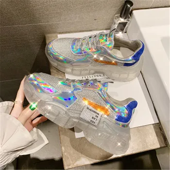 

Brand Spring Trend Women Transparent Sneakers Harajuku Ladies Platform Jelly Shoes Laser Casual Shoes Shining Running Footwear