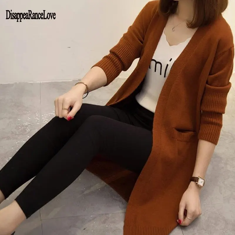 Женский вязаный длинный свитер с длинным рукавом кардиган для женщин осеннее