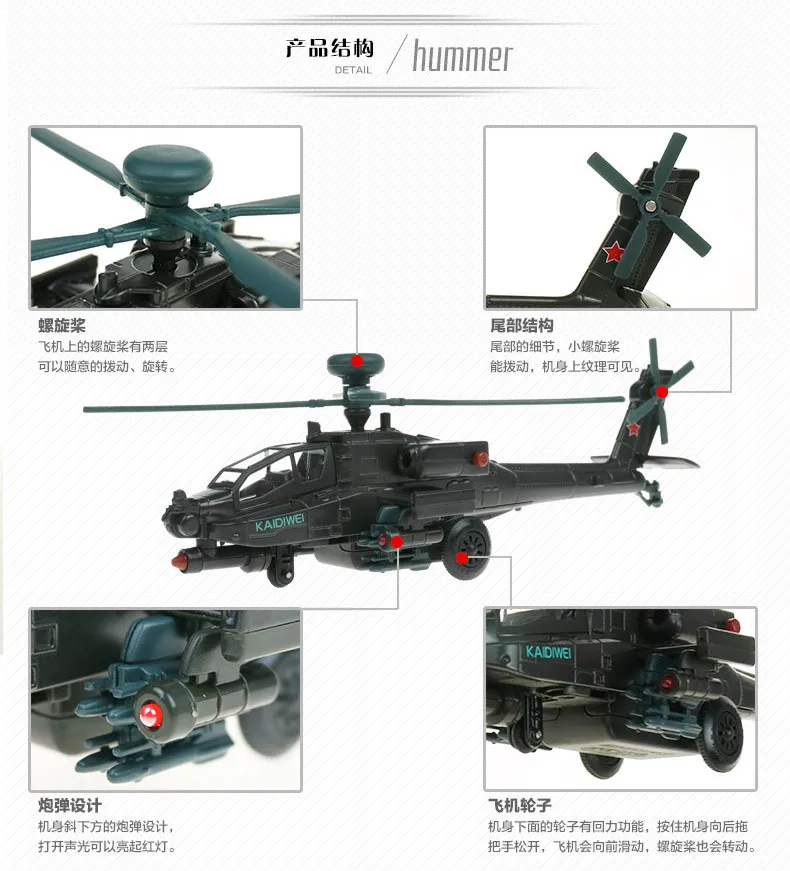 Cadeve 1: 64 Apache Armed модель вертолета сплав звук и светильник военный AH-64D Самолет Пропеллер