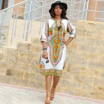 

African Dresses for Women Bazin Dashiki Maxi Print Ankara Dress Africa Clothing V-neck Traje Africano Mujer Africaine Vestidos