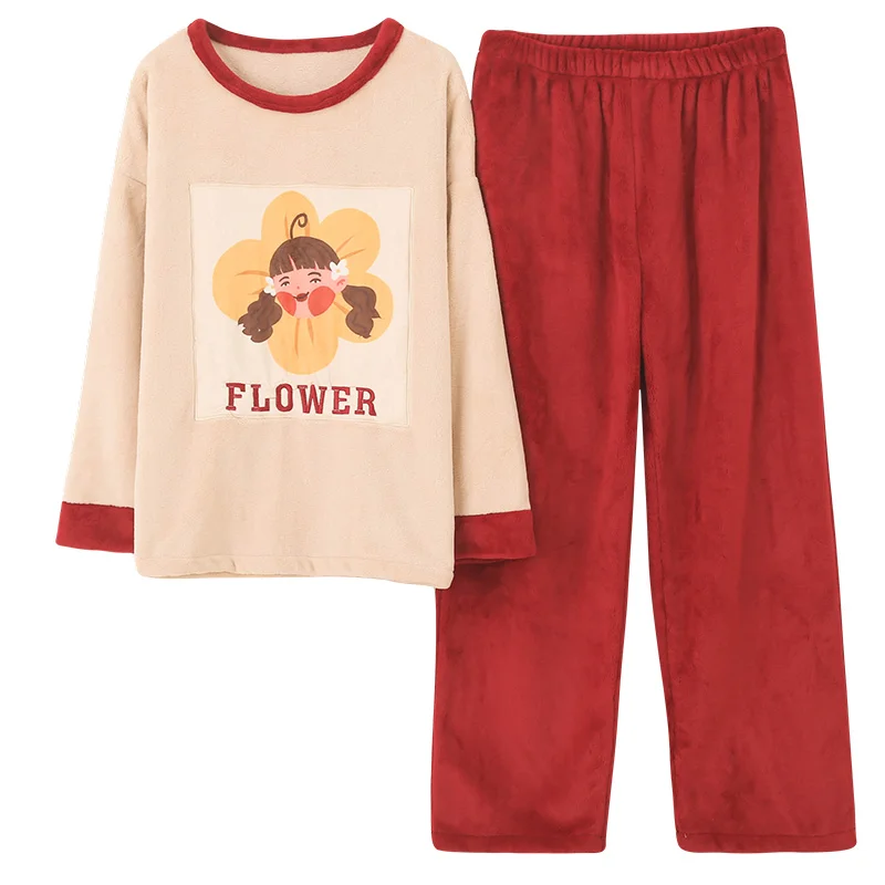 

Pyjamas Women Winter Flannel Long Sleeve Trousers Two Piece Warm Loungewear Cozy Home Clothing for Young Ladies Student Pajamas