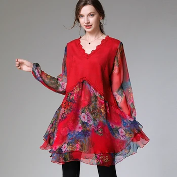 

Lace Dress Chiffon Patchwork Floral Print Plus size Lady Summer Spring 2020 Suede Patchwork Casual Party Mini Dresses