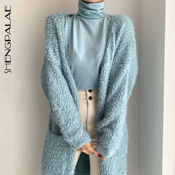 

SHENGPALAE 2020 Korean Autumn Winter Women's Sweater Coat Blue Furry Loose Double Pocket Mid-length Shawl Knitted Cardigan ZC146