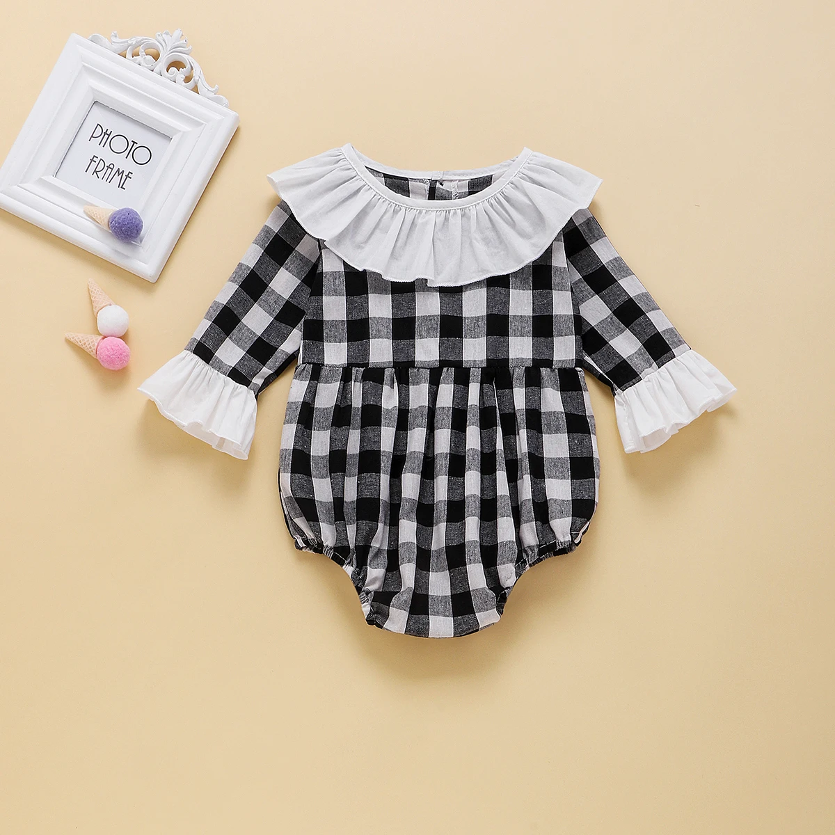 

0-3Years Kid Baby Girl Romper Bodysuits Long Sleeve Plaid Flared Sleeve Jumpsuit Princess Party Clothes