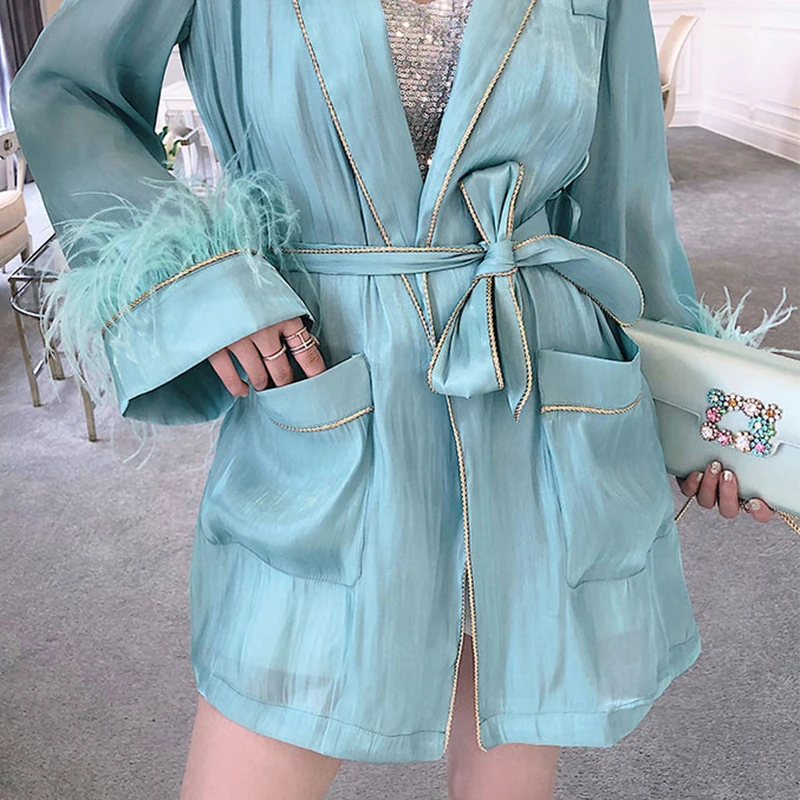 price reduction  [LIVIVIO] Feather Coat Female Long Sleeve with Sash Lace Up Waisted Women's Jacket 2019 Autumn Fash