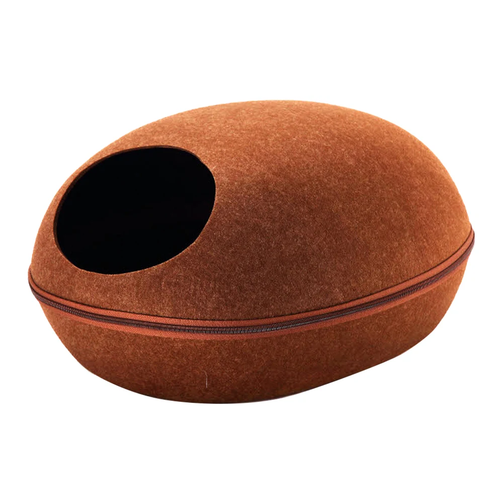 Egg Shape Dog Cat Bed Cat Sleeping Bag Zipper Felt Cloth Winter Warm Pet House All Around Cat Nest With Detachable Cushion Mat - Цвет: brown