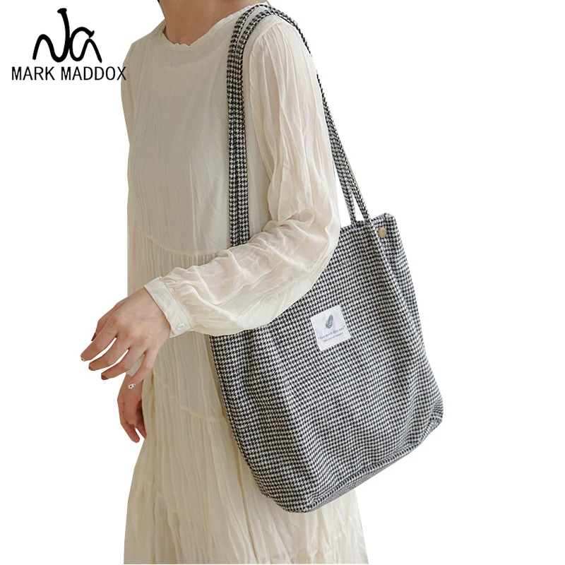 

Women Paid Canvas Woolen Shoulder Bag Female Cotton Cloth Vintage Handbag Tote Fashion Tartan Checked Houndstooth Shopping Bag