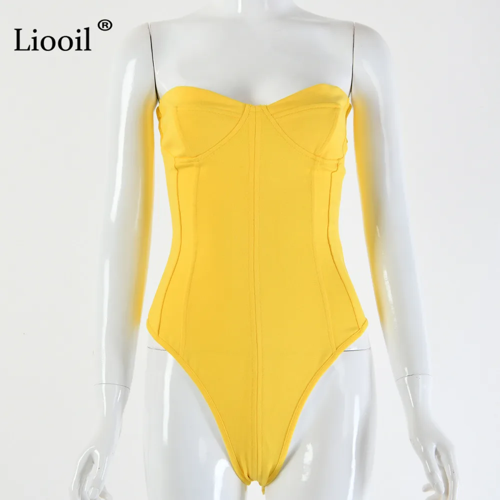 Liooil Боди без бретелек Топ сексуальный Облегающий комбинезон Клубная одежда с открытыми плечами боди костюм без рукавов Bodycon праздничный комбинезон