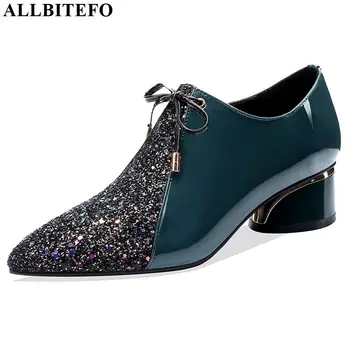 

ALLBITEFO natural genuine leather high heel shoes fashion Sequins office high heels elegant bow-knot pointed toe women heels