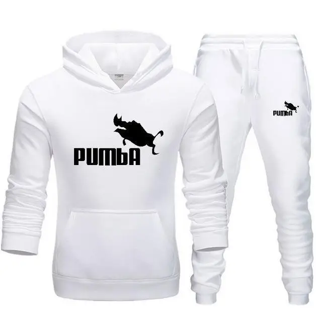 Брендовый спортивный костюм Pumba, Мужские Термо спортивные комплекты, флисовая плотная толстовка с капюшоном+ штаны, спортивный костюм, повседневные толстовки, спортивный костюм - Цвет: white-white