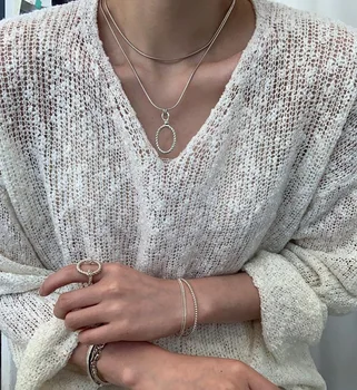 

Geometric ellipse Hand-woven hemp rope snake bone chain necklace 925 sterling silver niche minimalist wind chain female jewelry