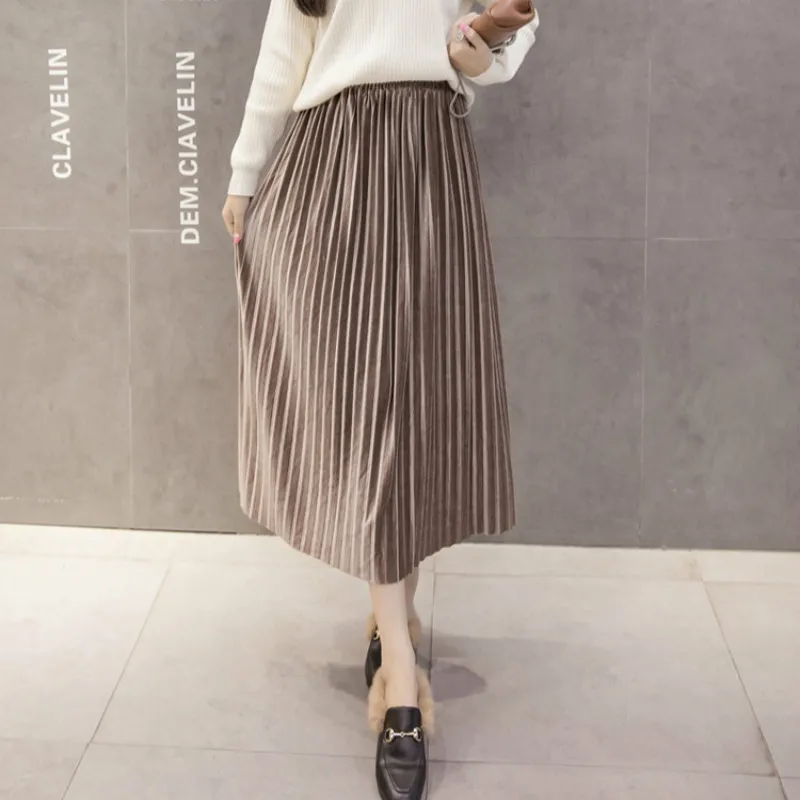 Tanie Kobiet Pleuche spódnice 2019 nowy jesień zima moda kobieta w stylu Vintage stałe line plisowana spódnica na co dzień złota aksamitna długie spódnice