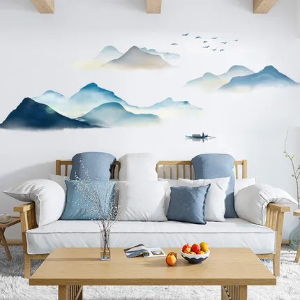 

New Chinese Style Wall Sticker Zen Landscape Study Room Decor Ink Painting Landscape Classical Living Room TV Background Mural