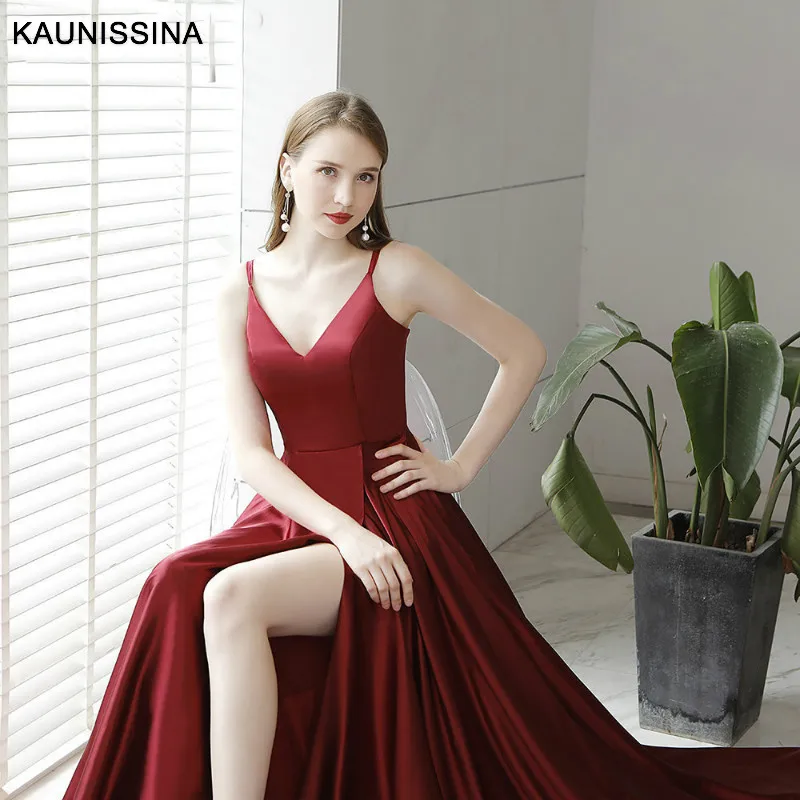 KAUNISSINA Vestido, красные длинные платья для выпускного вечера, сексуальные платья с высоким разрезом, глубоким v-образным вырезом, на бретелях, без рукавов, вечернее платье, а-силуэт, атласные вечерние платья