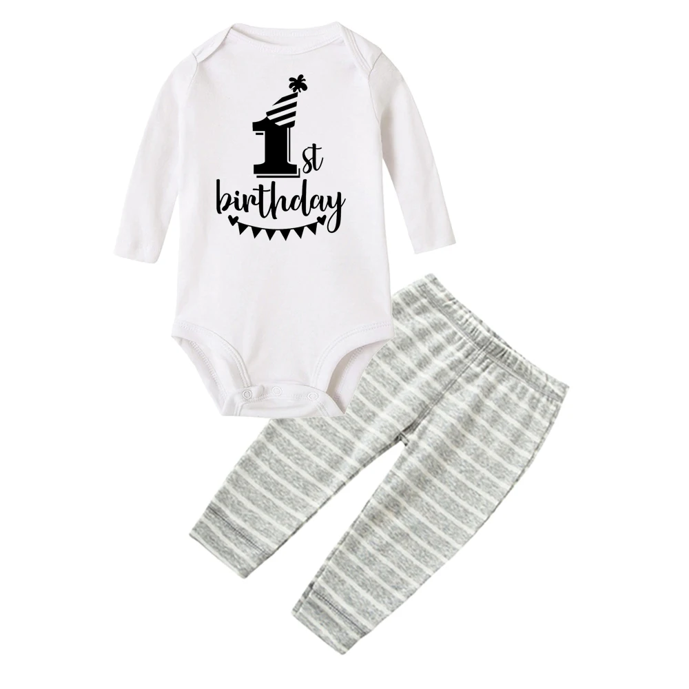 Новое поступление года, хлопковая забавная одежда с надписью «My First Birthday» для новорожденных мальчиков и девочек Комбинезон+ штаны комплект из 2 предметов, Детские комплекты одежды для новорожденных