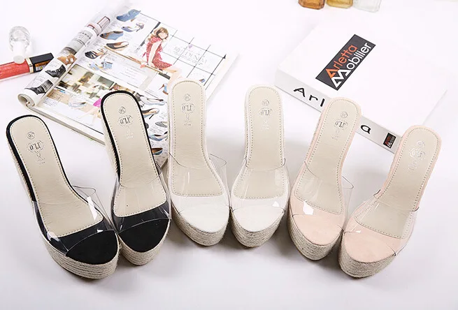 

Summer New Style Women's Thick Bottomed High-Heel Hemp Rope Transparent Slanted Heel Sandals