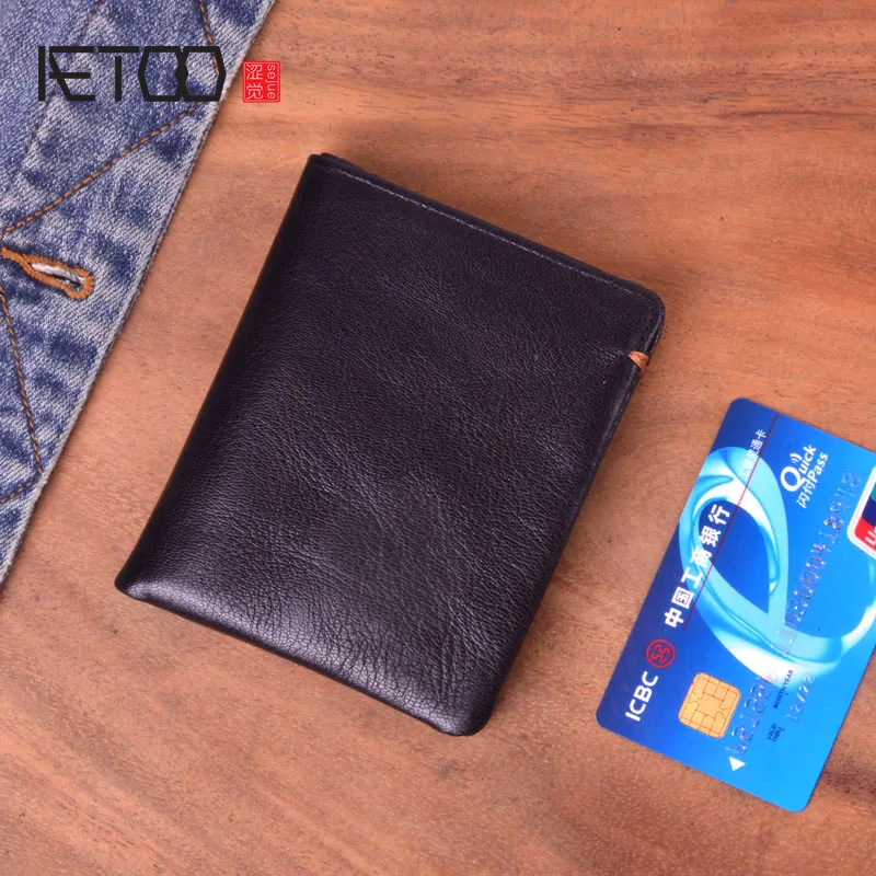 

AETOO Handmade men's leather short wallet, ultra-thin head leather vertical leather wallet, soft leather trend wallet
