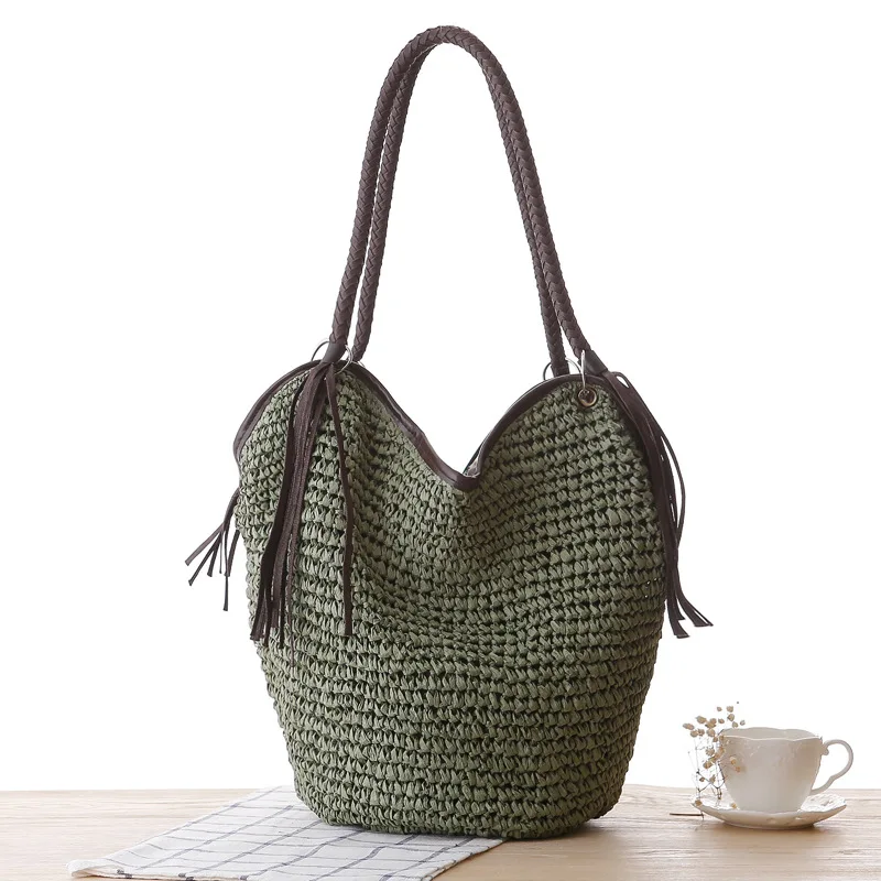 Sac en paille pieuvre tissé Simple pour femmes, sac seau de plage à épaule avec pompon, 38x30CM, nouveau Style, a7182