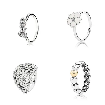 

2020 New Fashion Silver 925 Darling Daisy Bouquet Signature of Love, Primrose Stackable Ring White Enamel Original Woman Jewelry