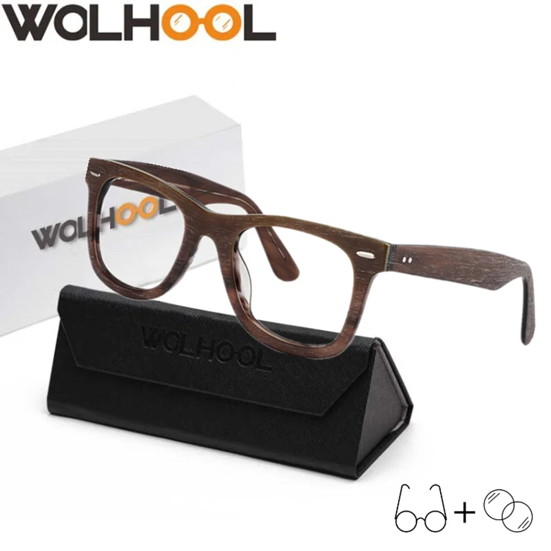 

Women Round Acetate Retro Eyewear Optical Eyeglasses Men's Wood Vintage Anti Blue Light Progressive Prescription Glasses
