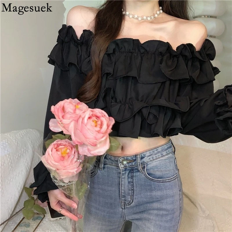 

Pleated Ruffle Elegant Blouse Women Sexy Slash Neck Crop Top Slim Petal Sleeve Patchwork Solid Casual Vintage Shirt Blusas 17256