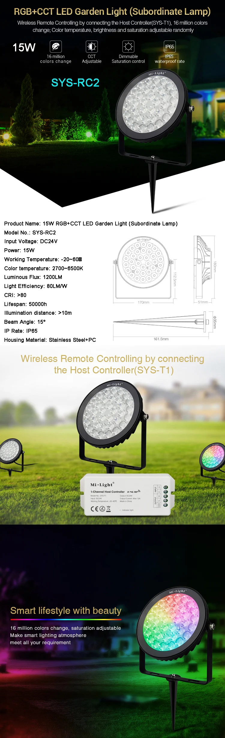 MiBoxer IP65 Водонепроницаемый 9 Вт 15 Вт RGB+ CCT светодиодный свет сада DC24V подчиненный лампа SYS-RC1 SYS-RC2 водитель SYS-T1 хост-контроллер