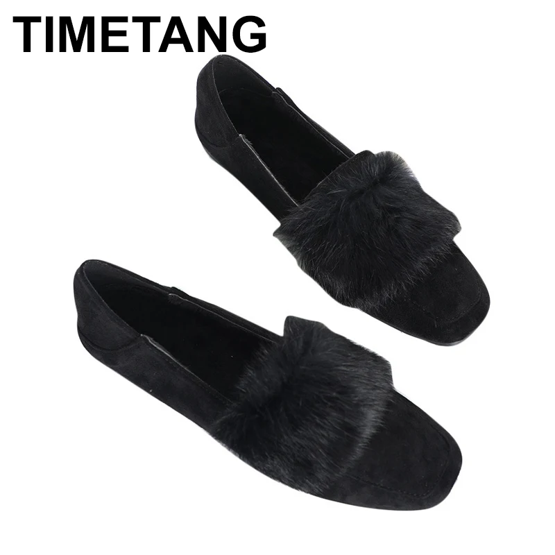 

TIMETANG Flats Rabbit Fur Loafers Warm Plush Winter Shoes Women Suede Slip Slide Plus Size Square toe Casual shoes E972