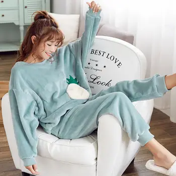 

Autumn Winter Flannel Pajama Set Women Long Sleeve Loose Top Elastic Waist Thick Warm Sleepwear Homewear Clothing Lounge Wear