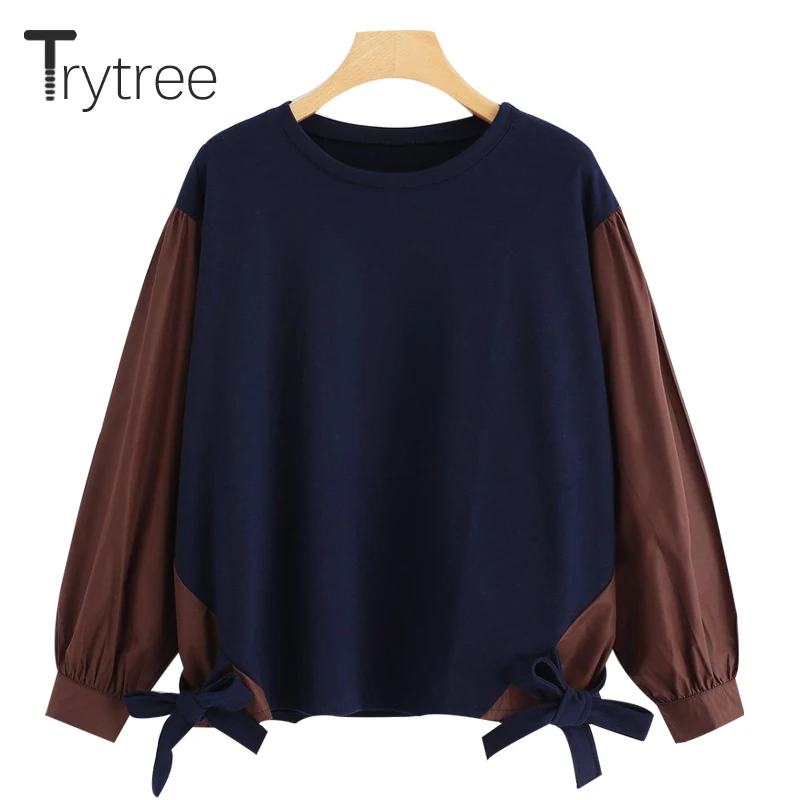 Trytree/осенне-зимние футболки женские повседневные топы с пышными рукавами из полиэстера, Лоскутная хлопковая Футболка с круглым вырезом и бантом, 2 цвета, свободная футболка