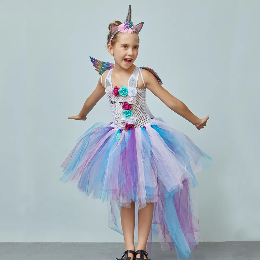 Kids Pastel Rainbow Unicorn Princess Tutu Dress Girls Halloween Pageant Costume Kids Tulle Train Unicorn Birthday Ball Gown Dress  (9)