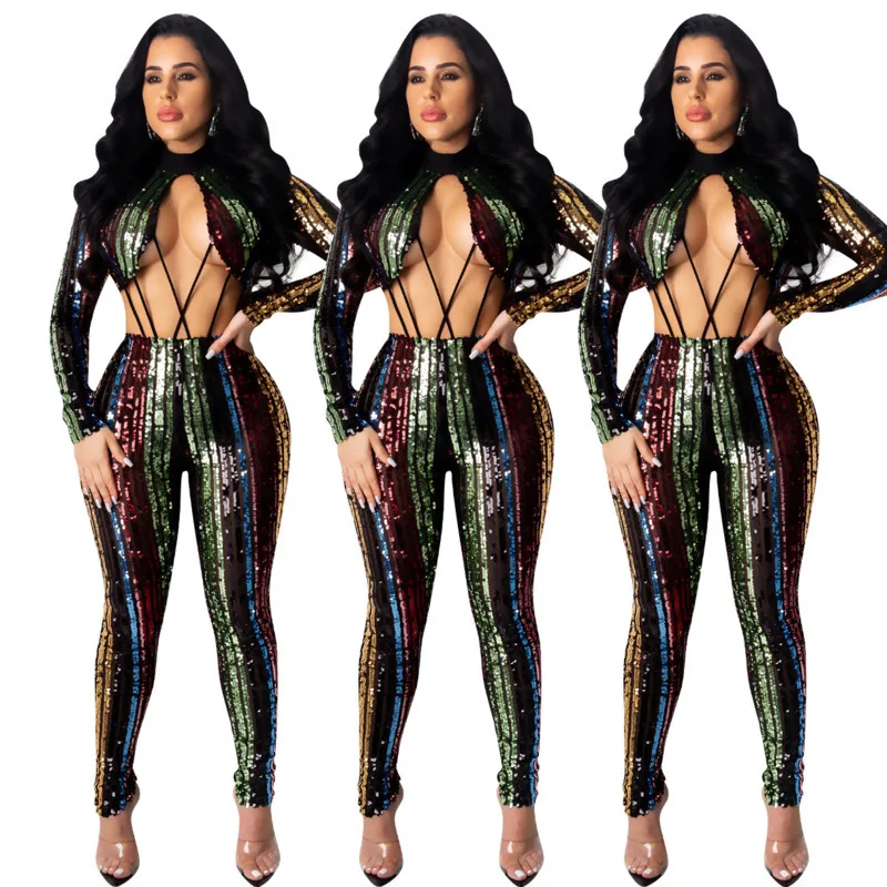 Sexy bodysuit rainbow striped sequin new year jumpsuit glitter woman party night club clothes patchwork bandage body jumpsuits