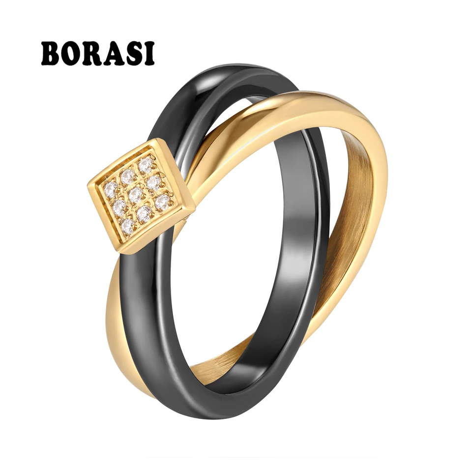 BORASI двойной знак бесконечности кольца классические белые здоровые керамические кольца золотого цвета из нержавеющей стали кольцо для женщин модные ювелирные изделия