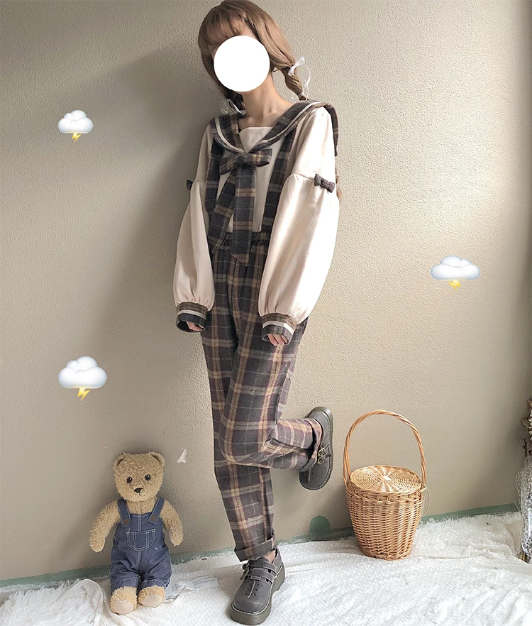 Японский консервативный стиль, Женский комплект из 2 предметов, пуловер большого размера+ клетчатая юбка с бантом/винтажные комбинезоны, милый кавайный студенческий костюм, комплект Лолиты