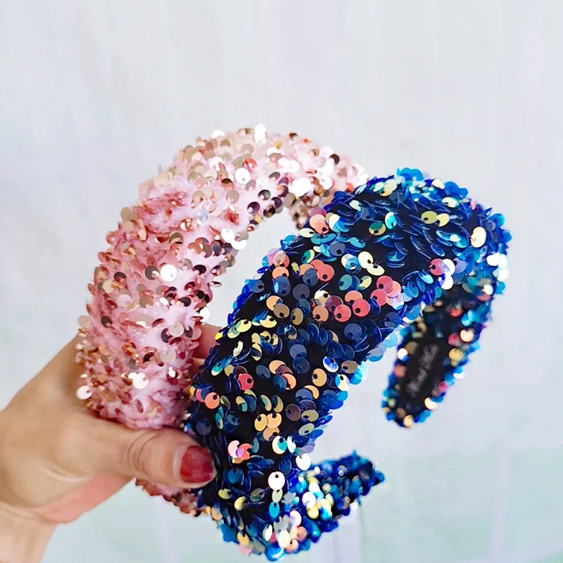 

Girls Turban Hairbands Headdress Shiny Sequined Widen Headband Fashion Wash Face Hair Band Headwear Diademas Para El Pelo Mujer